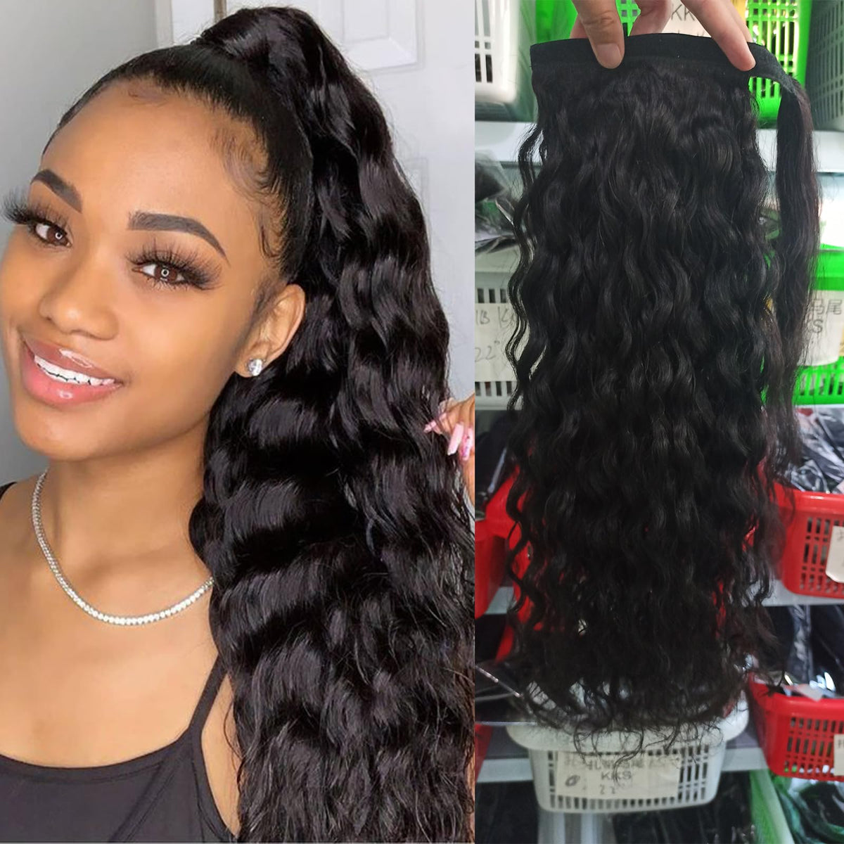 AAA Luxury Human Hair Ponytail Extension Water Wave Magic Paste Wavy Natural Curly Ponytail 100% Real Remy Hair Corn Wave Black Pony Tails Hair Extensions For Black Women (12")