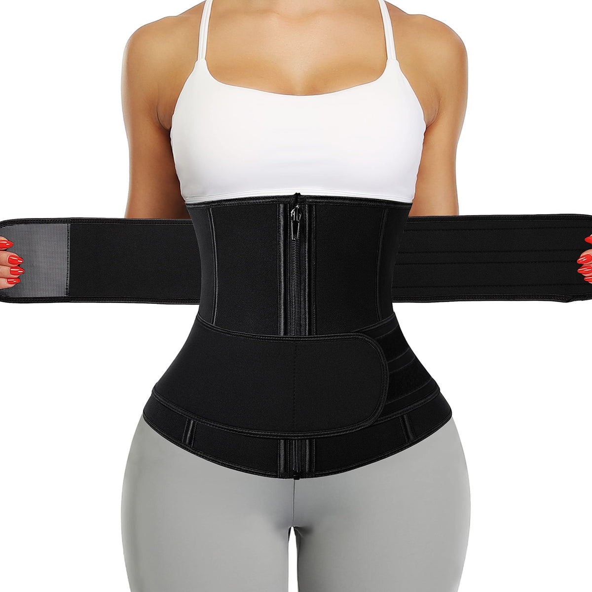 Curvas atelier Neoprene Sauna Waist Trainer Corset Sweat Belt with 2 Straps for Women Double Compression Workout Trimmer Back Support Fajas#2 Zipper BlackXX-Large