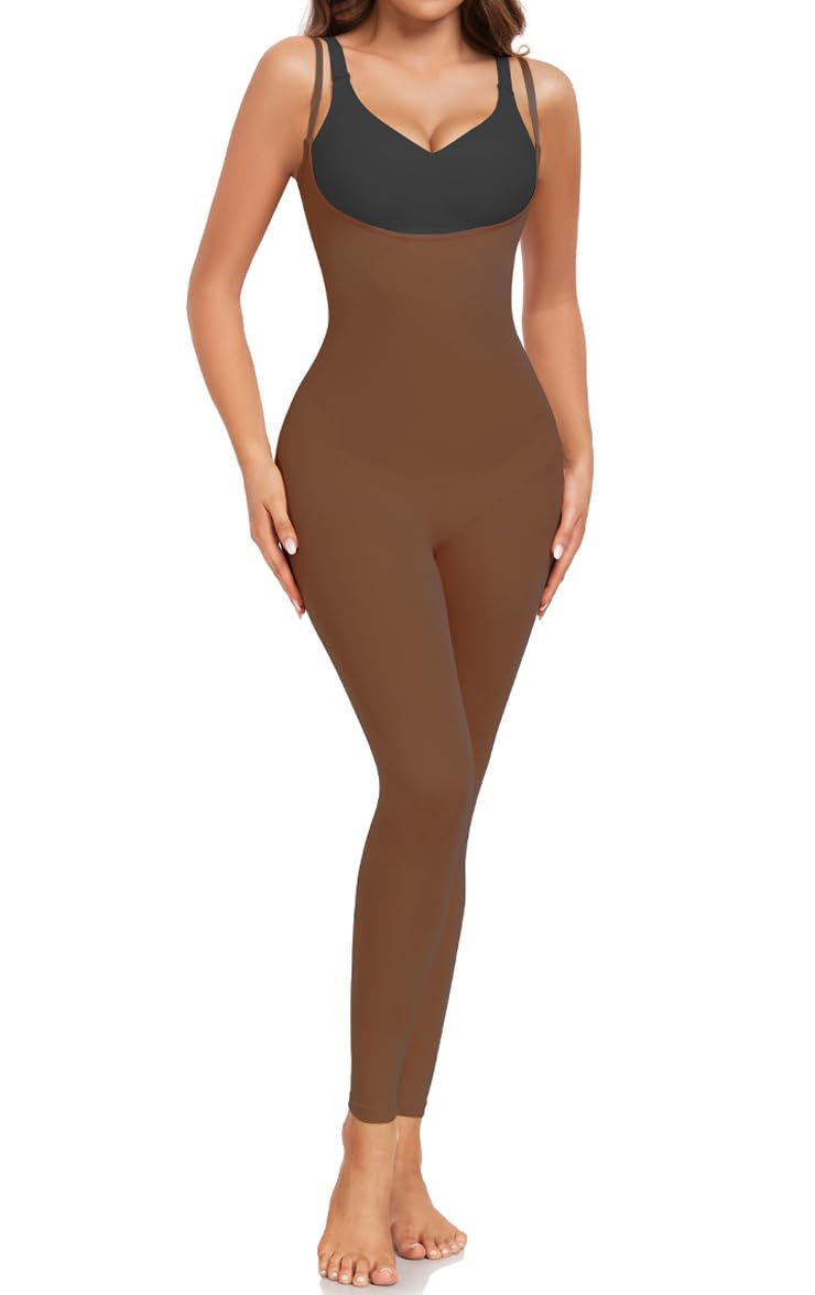 curvas atelier Full Body Shaper for Women Tummy Control Open Bust Butt Lifting Fajas Shapewear Bodysuit High Waist Thigh Slimmer - Brown XS/S