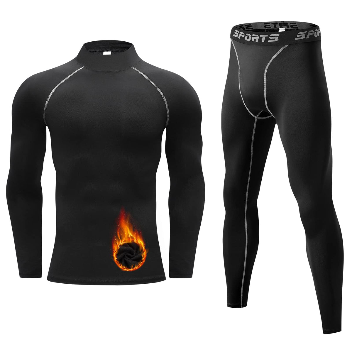 AAA Luxury Thermal Underwear for Men Hunting Ski Base Layer Men Cold Weather Fleece Lined Long Johns for Men Turtleneck Thermal Compression Shirts for Men Top and Bottom Underlayer SetQuick Dry 32375 Black S.