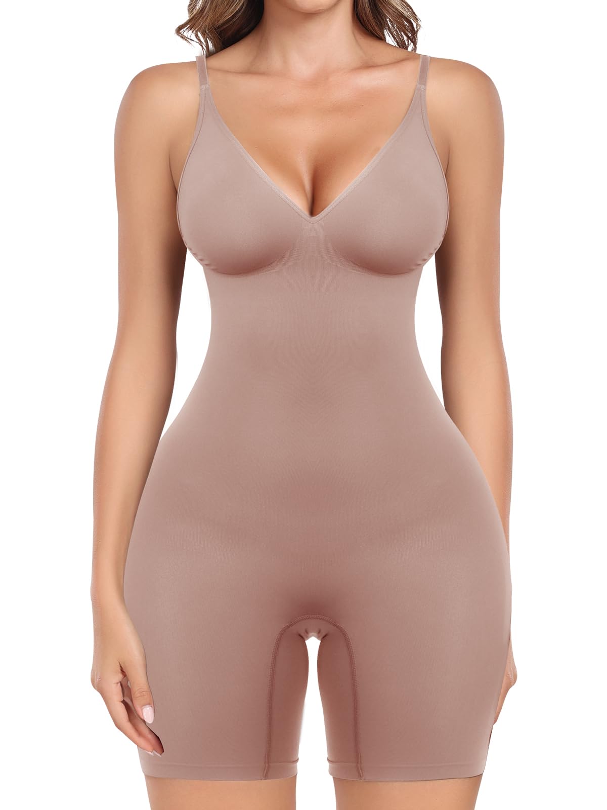 curvas atelier overflair Shapewear Bodysuit for Women Tummy Control Deep V Neck Body Shaper Butt Lifting Fajas Seamless Thigh Slimmer Shorts Nude L